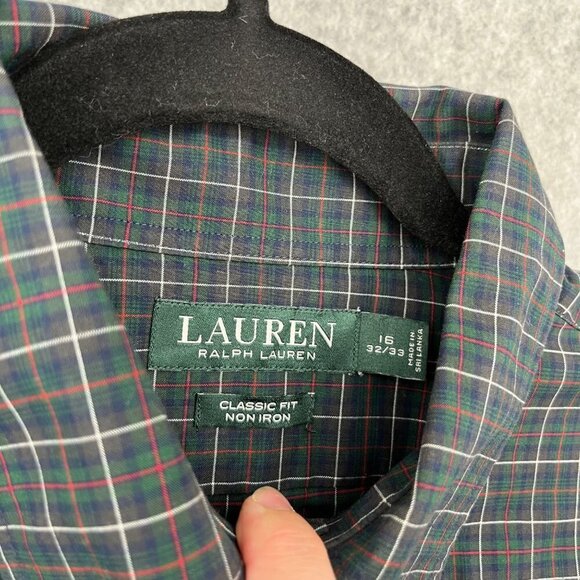 Lauren Ralph Lauren Mens Plaid Button Up Shirt Size 16 Neck Green Red White EUC - Picture 6 of 12